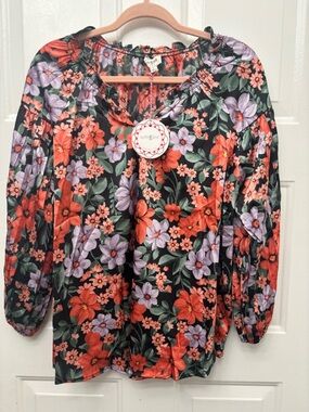 Umgee Black Floral Puff-Sleeve Blouse with Coral & Lavender Blooms